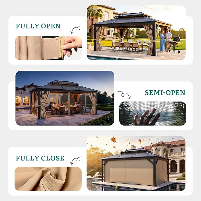 YITAHOME 12x16FT Polycarbonate Gazebo Double Roof Canopy Outdoor with Netting and Shaded Curtains, Aluminum Frame Polycarbonate Hardtop Garden Tent for Patio, Backyard, Deck and Lawns, Brown