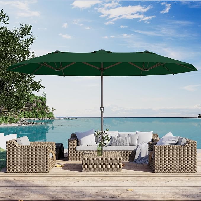 PatioKingdom 15FT Large Patio Umbrella with Base, Double Sided Rectangular Outdoor Umbrella with Sturdy Fiberglass Ribs, Market Umbrella for Pool,Garden,Backyard,Deck (Dark green, 15FT)