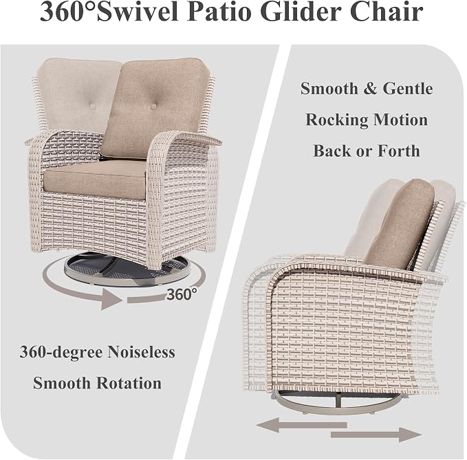 Patio Furniture Set, 18-Piece Outdoor Sectional Sofa with Swivel Rocker Chairs & Fire Pit Table, Wicker Patio Conversation Set with Coffee Table, Khaki Cushions
