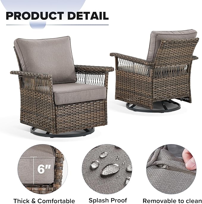 Outdoor Wicker Patio Furniture Set - 6 Piece Rattan Patio Conversation Sets with 2 Swivel Rocking Chairs,2 Ottomans,1 Sofa and 1 Coffee Table for Porch Deck Garden(Brown/Grey)