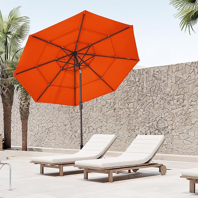 JEAREY 9FT 3 Tier Patio Umbrella Outdoor Market Umbrella Table Umbrellas with 8 Ribs 1.5 Pole Push Button Tilt and Crank UV Protection for Garden,Orange