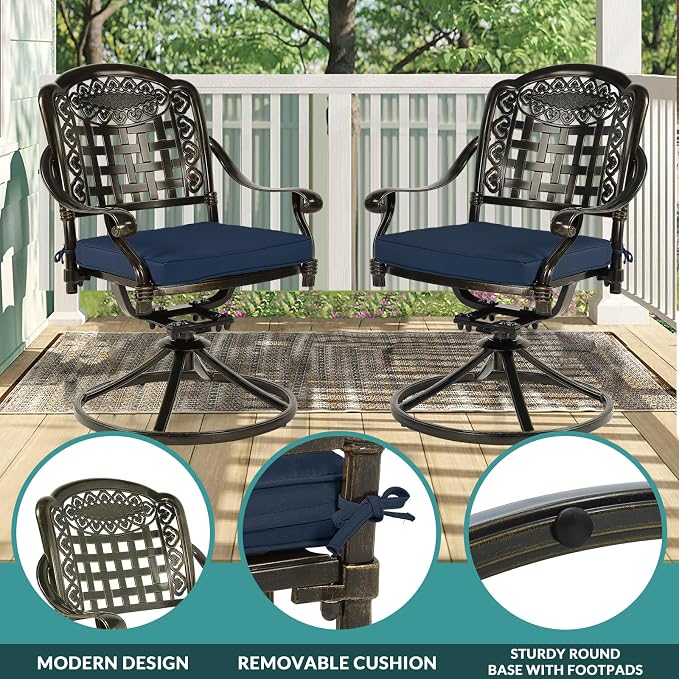 MEETWARM 9-Piece Outdoor Patio Dining Set for 8, All Weather Cast Aluminum Patio Funiture Table and Chairs Set- 94.5” Rectangular Table and 2 Swivel Rocker Chairs, 6 Stationary for Garden, Navy Blue