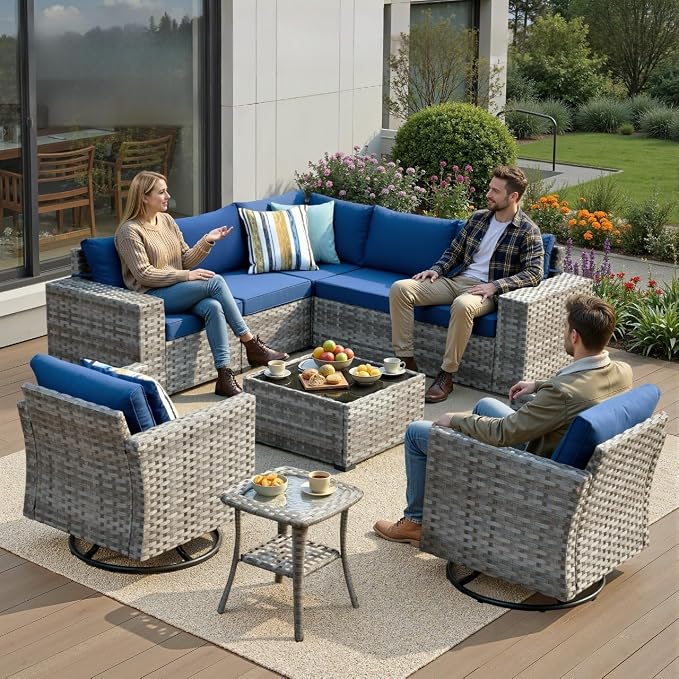 9 Pieces Patio Furniture Set, Wicker Outdoor Sectional Sofa with Swivel Chair Comfy Cushions, Modern Modular Deep Seat Rattan Couch Conversation Set for Backyard Porch Yard,Navy Blue