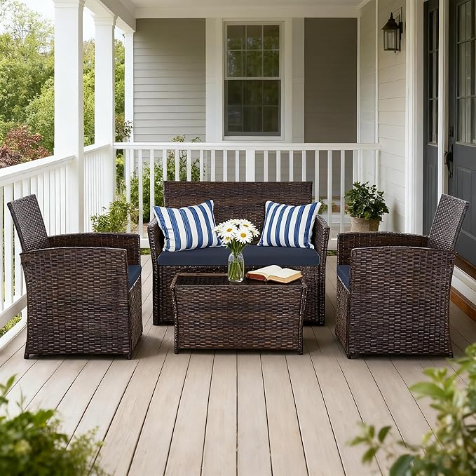 4 Piece Patio Furniture Set, Outdoor Wicker Conversation Set, Rattan Sectional Sofa Couch with Glass Coffee Table & Thick Cushion for Backyard, Porch, Garden, Poolside, Brown/Blue