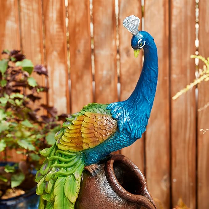 Glitzhome 4-Tier Oversized Peacock Sculpture with Jars Outdoor Water Fountain with LED Light, Resin Peacock Statue Waterfall Fountain with Submersible Pump for Garden Patio Porch, 40”H