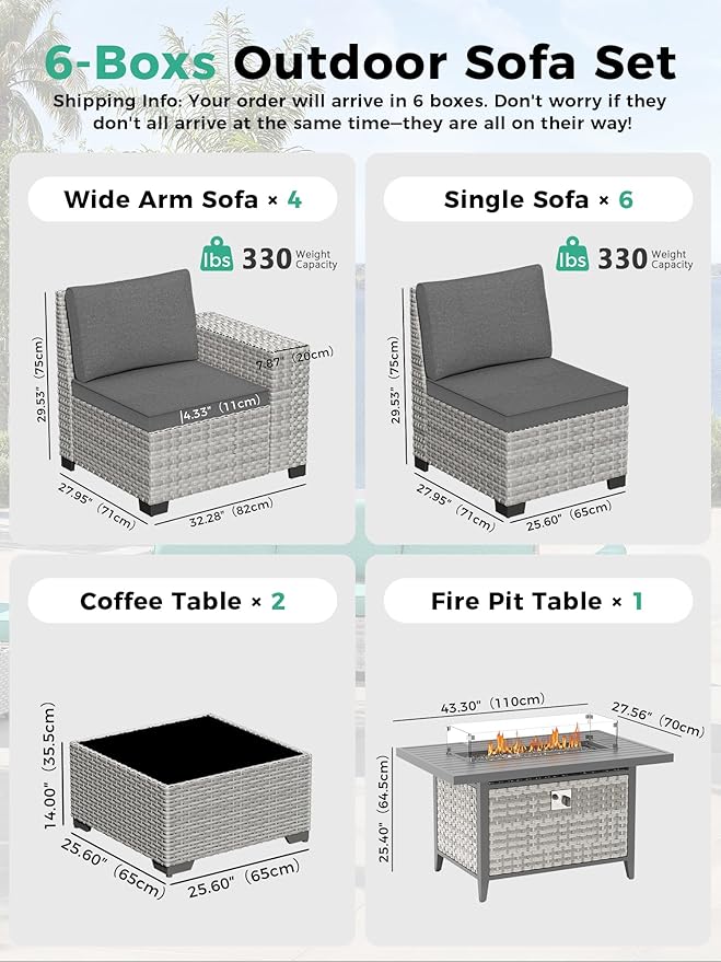13 Piece Outdoor Wicker Rattan Sectional Sofa Set with 55,000 BTU Fire Pit Table, 10-Seats with 4" Thickened Cushions & Coffee Table, All-Weather PE Rattan for Garden, Backyard, Porch, Black
