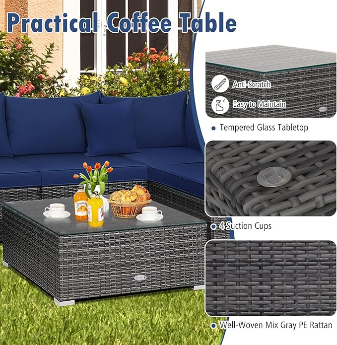Tangkula 7 Piece Patio Wicker Furniture Set, Outdoor Rattan Sectional Sofa Set for 6 with Seat & Back Cushions, 2 Throw Pillows, Sofa Fastener Clips, for Backyard, Poolside, Deck and Garden (Navy)