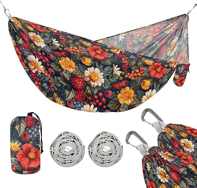 Camping Hammock Outdoor Hammocks for Outside Berryfruit Flowers Beach Trees Portable Lightweight with Pockets Tree Straps Indoor