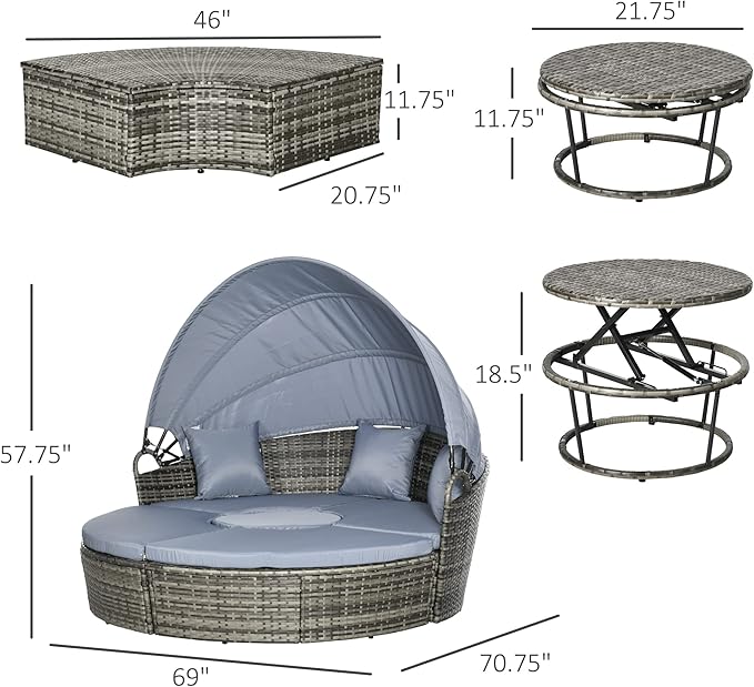 Outsunny 4 Piece Round Rattan Daybed, Convertible Patio Furniture Set, Adjustable Sun Canopy, Sectional Outdoor Sofa, 2 Chairs, Extending Tea Table Ottoman Chair, 3 Pillows, Light Gray