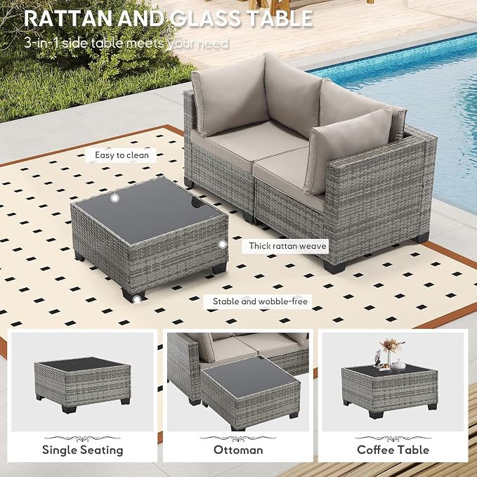 Bonzy Home 3 Pieces Outdoor Patio Furniture Set, PE Rattan Outdoor Sectional Furniture Sofa Set with Removable Cover and Glass Coffee Table, Patio Sofa for Balcony, Porch, Garden, (Grey-Grey)