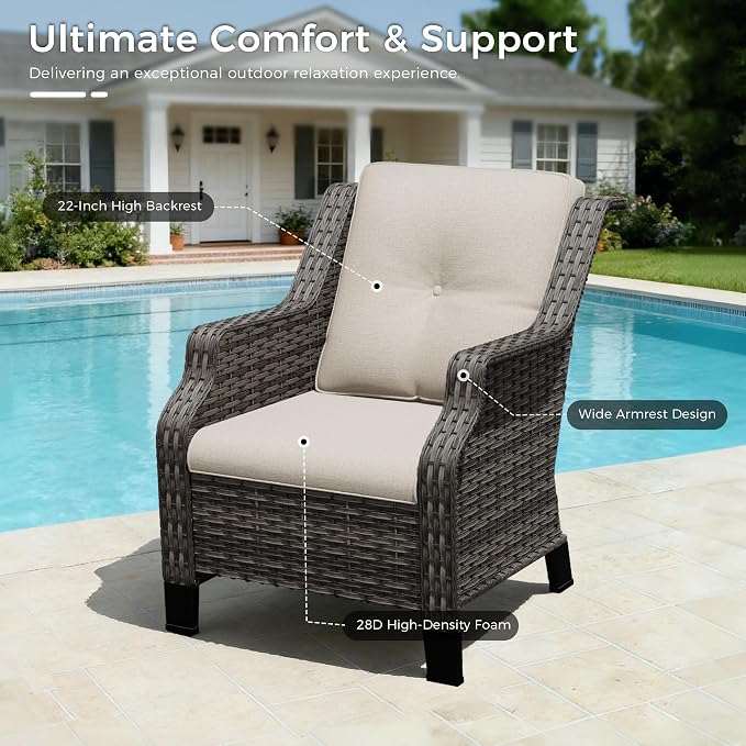 Outdoor Patio Chairs Set of 4, Wicker Patio Furniture with Thick Cushions, Curved Armrest, Deep Seating, Rattan Outdoor Chairs for Porch, Deck, Balcony