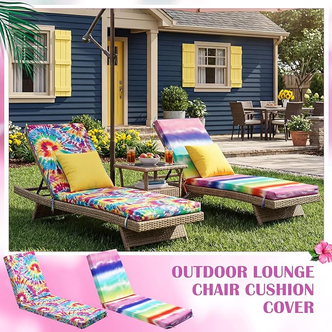 2 Pack Chaise Lounge Cushion Covers Outdoor (Not Includes Cushions) Waterproof Chair Cushion Replacement Covers 72 x 21 x 3 Inch for Patio Pool Lawn Slipcover with Ties(Tie-dye)
