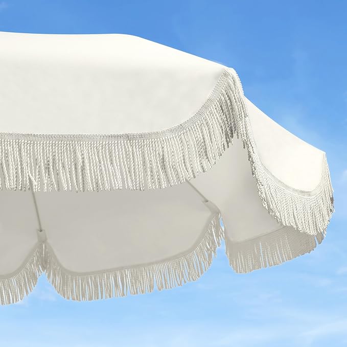 Seazul 7.5ft Patio Umbrella with Fringe, Beach Umbrella, Fringe Umbrella Outdoor Patio with Hanging Hook, Tilting Aluminum Pole, UV 50+, Fiberglass Ribs, Elegant Cream