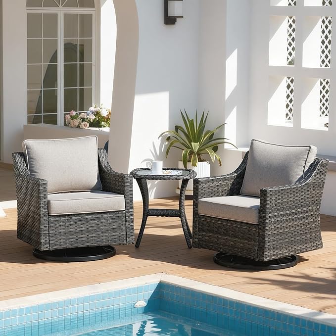 Patio Furniture Set 3 Pieces Luxury Outdoor Bistro with Swivel Rocker Chairs and Side Table, Easy Assembly Conversation Set for Porch Deck Balcony Yard in Gray Wicker and Beige Cushions