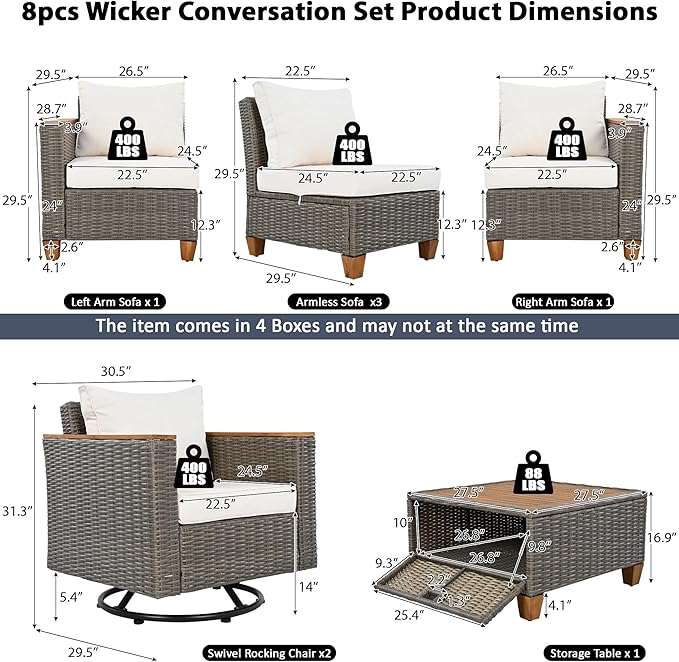 Outdoor Patio Sectional Furniture Set, 8-Piece Wicker Rattan Sofa Set with Thick Cushion, Patio Swivel Rocking Chairs Set of 2 with Acacia Storage Table, Conversation Set for Backyard (Beige+Brown/36)