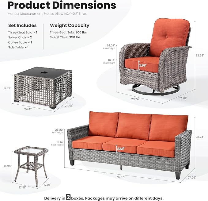 ovios 5 Pieces Patio Furniture Set, Outdoor Wicker Sofa Couch with Rocking Swivel Chairs Solar Lights Table, Modern Deep Seat Rattan Conversation Sets for Deck Porch, Orange Red