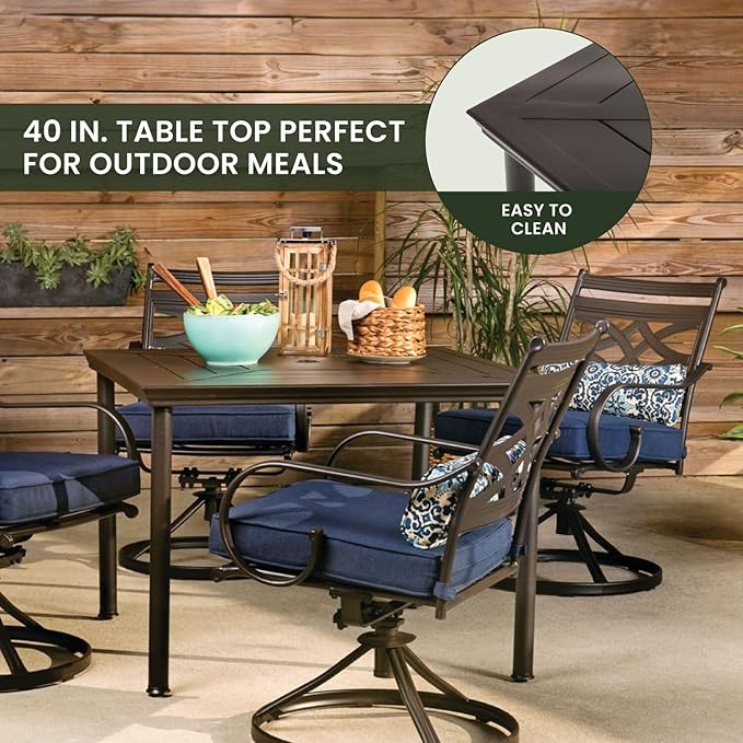Hanover Montclair 5-Piece Outdoor Dining Set with Stamped Steel Square Dining Table and 4 Swivel Rocker Chairs with Cushions, Weather-Resistant Patio Dining Set for 4, Patio, Backyard, Deck