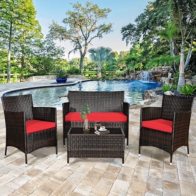 4 Pieces Patio Sofa Set, Wicker Conversation Set with Ergonomic Curved Backrest, Patio Rattan Furniture Set with Water-Resistant Cushion & Tempered Glass Table for Balcony, Porch (Red)
