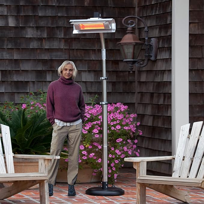 Fire Sense 02117 Telescoping Offset Pole Mounted Infrared Patio Heater With Wheels 1500 Watt Indoor Outdoor Powder Coated Steel Tip over Protection System Cover Included - Stainless Steel