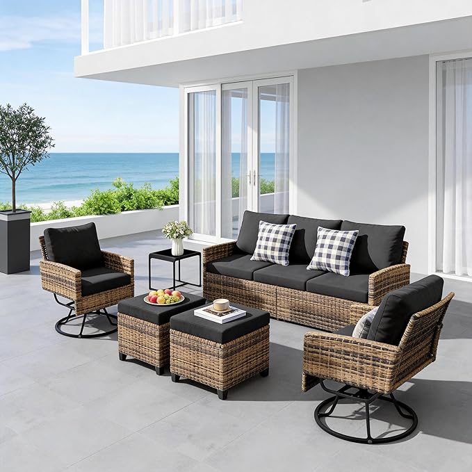6 Piece Outdoor Furniture Set, Rattan Patio Furniture with 2 Swivel Chairs, 3-Seat Sofa, 2 Ottoman & Side Table, All-Weather Conversation Set for Porch Garden Lawn Balcony (Brown & Black)