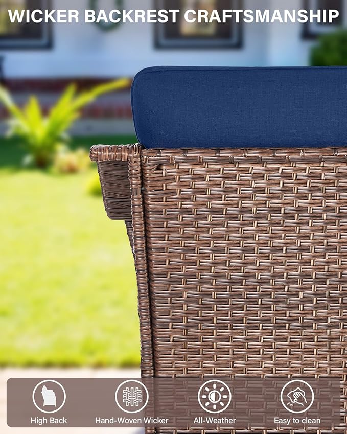 Belord Wicker Patio Furniture Set with 41” Fire Pit Table - Swivel Rocker Glider Outdoor Chairs with Sofa and Glass Top Side Table, All-Weather Removable 6" Blue Seat Cushion for Warm Patio Evenings