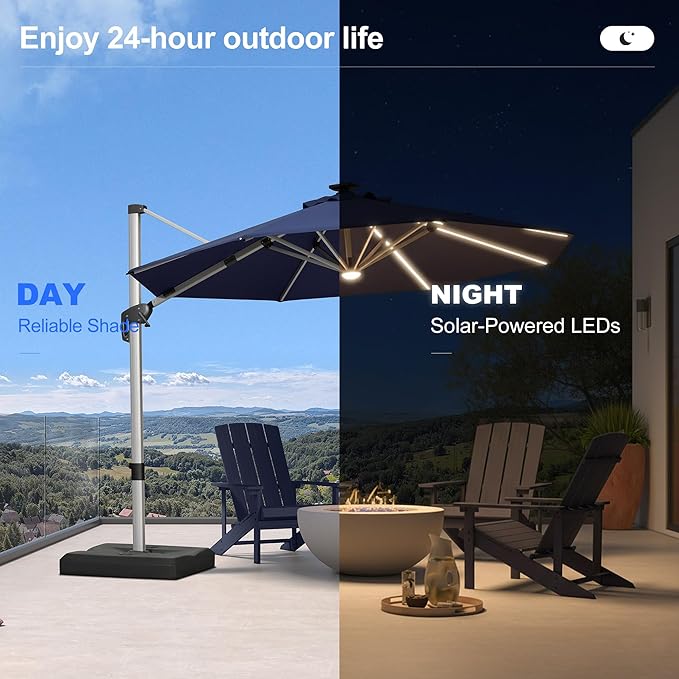 PURPLE LEAF Cantilever Umbrella with base 10ft Outdoor Round Patio Solar Powered LED Umbrella with 360-degree Rotation for Garden Deck Pool Patio, Navy Blue