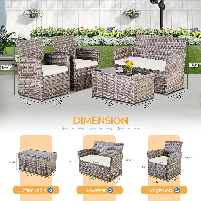 FHFO 4 Piece Outdoor Patio Furniture Set, Wicker Conversation Set, Rattan Table and Chairs and Loveseat with Cushions for Outside Balcony Porch Backyard (Gray-Beige)