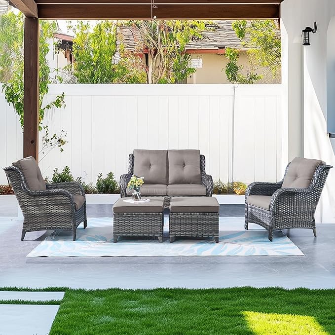 Belord Outdoor Wicker Furniture 5 Pieces Patio Furniture Set Patio Wicker Chairs with Ottomans Conversation Set for Porch Garden Deck Balcony Poolside