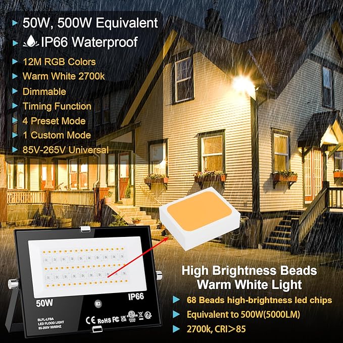 LED Flood Light Outdoor 500W Equivalent Color Changing Landscape Lighting, 24H Timing+120 Colors Strobe+2700K Warm White+DIY Flash, IP66 Waterproof Up Stage House RGB Led Light Indoor US 3-Plug 6Pack