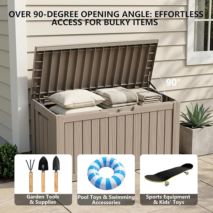 Outdoor Storage Box, 90 Gallon Waterproof Deck Box [Upgraded 3.0], Robust Weatherproof Organizer for Deep-Seat Cushions, Sports Equipment, Lockable Garden Tool Bench Seat, Side Yard, Grey