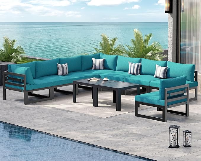 NICESOUL 8 Person Modern Aluminum Patio Furniture Set, 500 lbs Heavy Duty Sturdy Outdoor Sectional Sofa, 29" Deep Wide Large Seating, L Shaped Modular Conversation Couch for Garden Backyard, Turquoise
