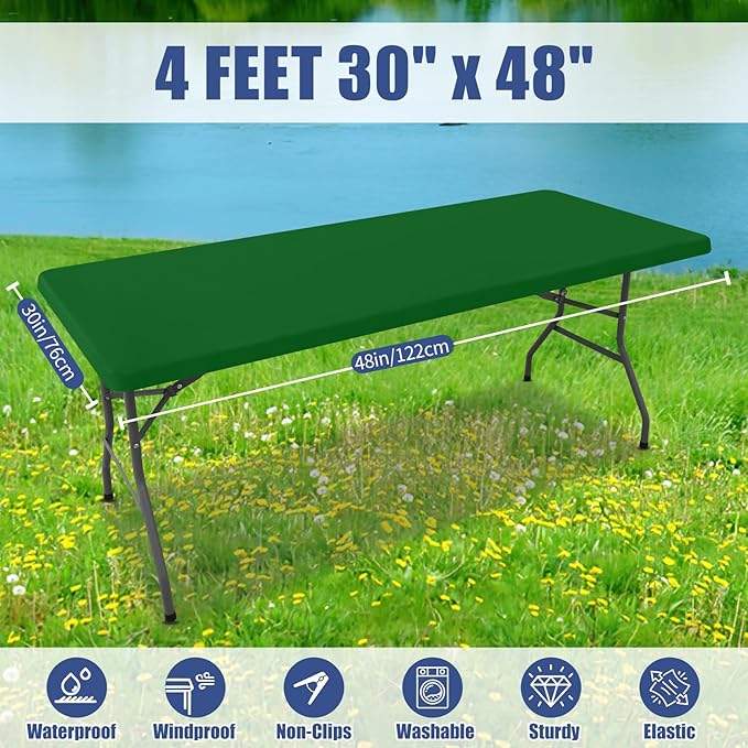 Moosfor Spandex 4 Foot Rectangle Table Cloth 2 Pack, Elastic Fitted Tablecloths for Picnic, Stretch Washable Patio Table Cover for Outdoor, Camping, Banquet and Parties (Emerald Green, 30"x48")