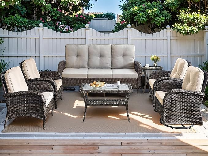 HUMMUH 7-Piece Outdoor Patio Furniture PE Wicker Patio Conversation Set,High Back Patio Couch with Coffee Tables Outdoor Chairs for Backyard,Porch,Deck