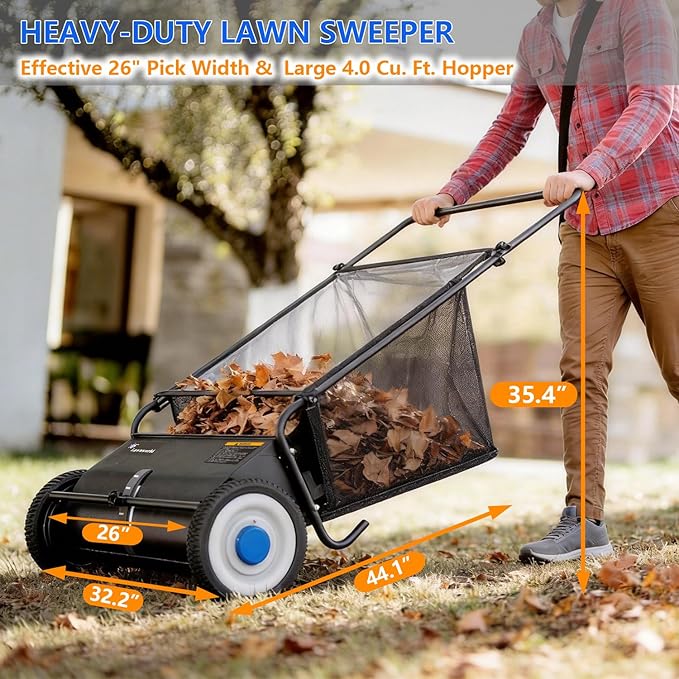 26" Lawn Sweeper Push, Push Lawn Sweeper for Leaves & Grass Clippings, Manual Yard Sweeper with Clear Dust Cover & Large Collection Bag for Lawn Yard Cleanup