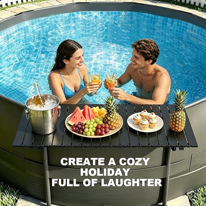 Foldable Swim Up Pool Bar Table for Above Ground Pools, 44''x16'' Heavy Duty Rustproof Metal Pool Side Table Fits Round Oval Rectangular Frame Pools, Outdoor Patio Drink Snack Side Table