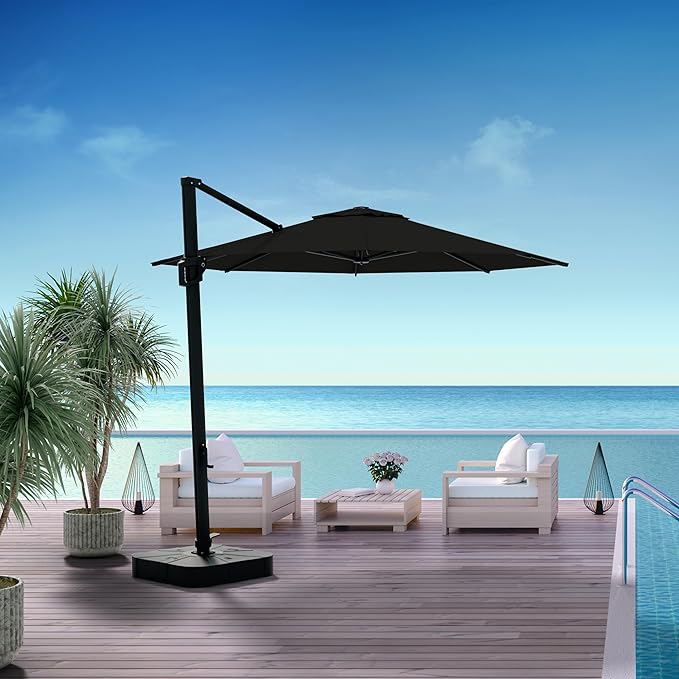 Midtown Umbrellas 10 Ft Outdoor Cantilever Patio Umbrella w/Sunbrella Black Frabric - Tilt 360° Rotate Offset Patio Umbrella, Deck Patio Umbrella, Backyard Umbrella & Garden Umbrella - Black Frame
