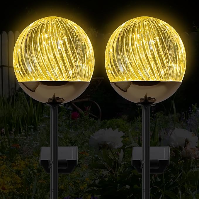Solar Globe Stake Lights - Outdoor Acrylic Ball Garden Lights with 20 LED, IP44 Waterproof, Auto On/Off, Metal Stake with h-Shaped Ground Spike for Yard, Pathway, Patio Decor (Black stake , 2 pack)