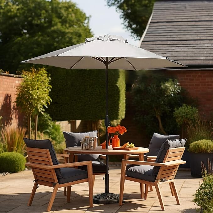 Four Seasons Courtyard 9 Foot Naples Market Patio Umbrella Round Polyester Fabric Outdoor Backyard Shaded Canopy with Push Button Tilt, Natural Color