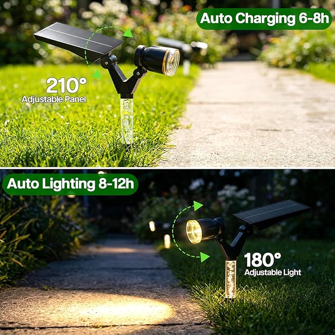 Solar Lights Outdoor Waterproof Spot Lights, 2 Pack Solar Powered Garden Spotlights for Outside Yard Pathway House Landscape Lighting, Auto On/Off, 3000K Warm White