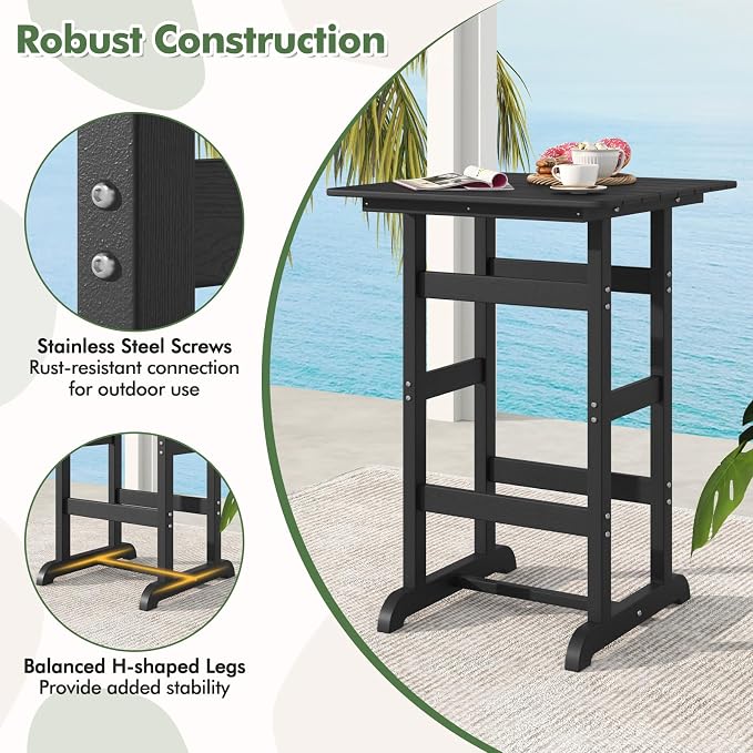 Giantex 42" Height Outdoor Tall Bar Table, HDPE Square Pub Table with Wood Grains, Cocktail High Top Tables for Adirondack Chairs, Patio, Bistro, Garden, Poolside, Yard, Balcony, Black