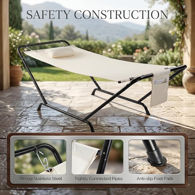 Freestanding Hammock with Stand, 600lbs Capacity Heavy Duty Outdoor Hammock Bed with Detachable Soft Pillow and Side Storage Pocket, Portable Gray Hammock for Patio Garden (Beige)