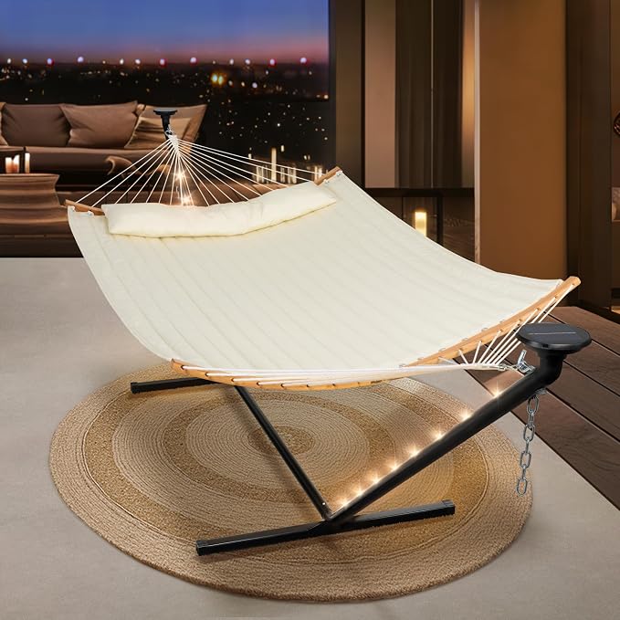 SUNCREAT Double Outdoor Hammock with 12 ft Stand, Self Standing Hammocks with Stand, Beige