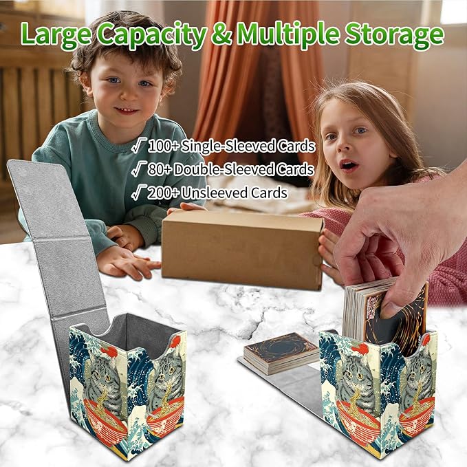 Wave Noodles Cat Card Deck Box for MTG, Personalized Card Storage Case Fits 120+ Sleeved Cards, Premium Leather TCG Box with Strong Magnetic Closure for Magic, CCG, PTCG, Baseball Cards