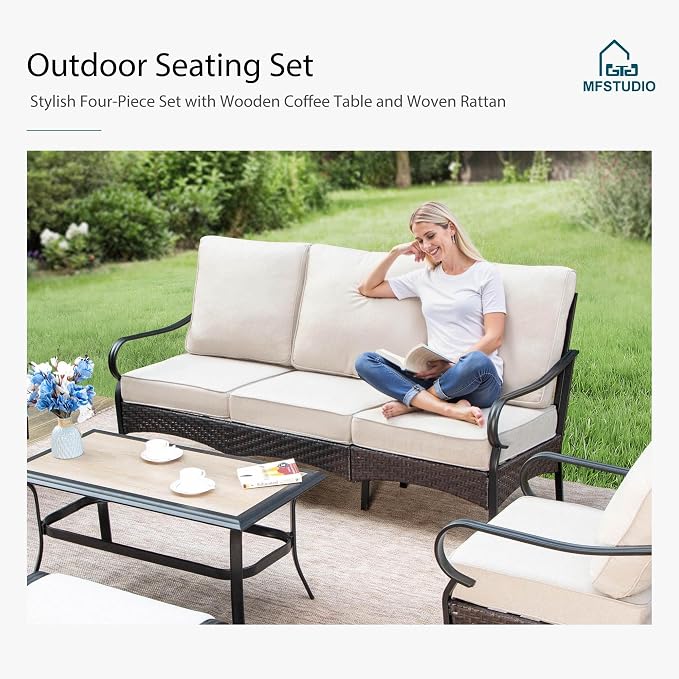 MFSTUDIO Outdoor Patio Furniture Set, Metal Outdoor Conversation Sofa, Rattan Wicker Patio Sectional Sofa for Lawn Garden Backyard