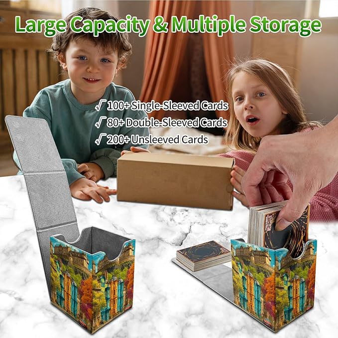 Castle Maple Tree Card Deck Box for MTG, Personalized Card Storage Case Fits 120+ Sleeved Cards, Premium Leather TCG Box with Strong Magnetic Closure for Magic, CCG, PTCG, Baseball Cards