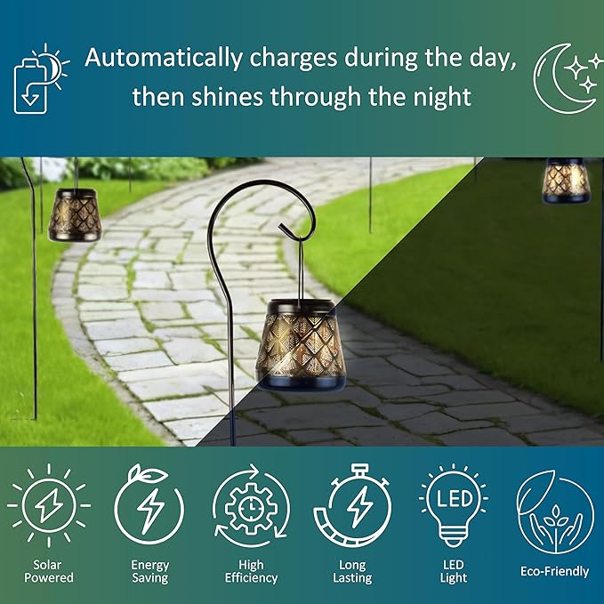 MCSSLNT Solar LED Stake Lantern with Shepherd Hook, Waterproof Solar-Powered Lighting, Decor for Gardens, Pathways & Patios