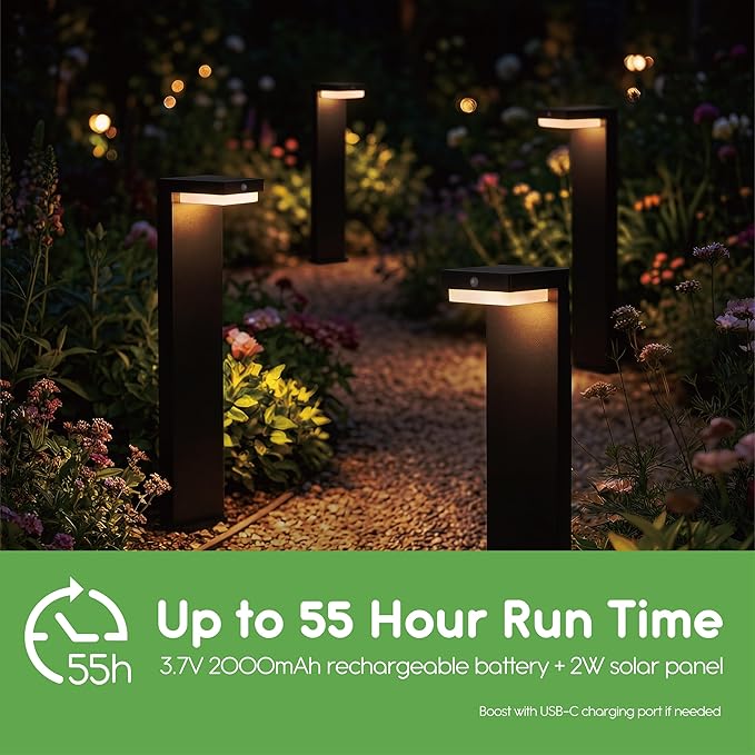 20.5" Solar Pathway Lights - Walkway Solar Lights for Outside - PIR Sensor & Two Lighting Modes - Rechargeable Battery Lasts Up to 55 Hours - 3000K - IP44 Weather Resistant - 2 Pack