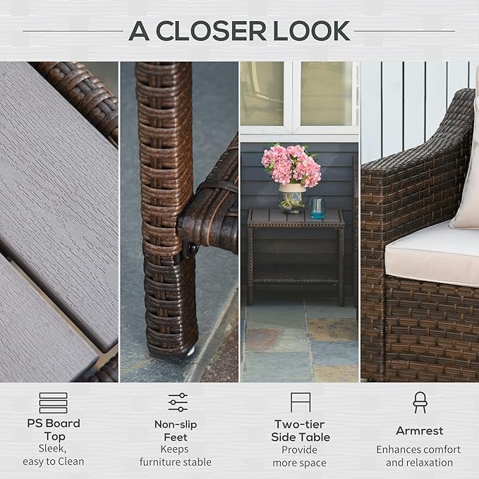 Outsunny 5 Piece Patio Furniture Set, All Weather PE Rattan Conversation Chair, and Ottoman Set with Coffee Table, Cushions & Pillows Included for Balcony, Porch, Deck, Pool, Lawn, Beige