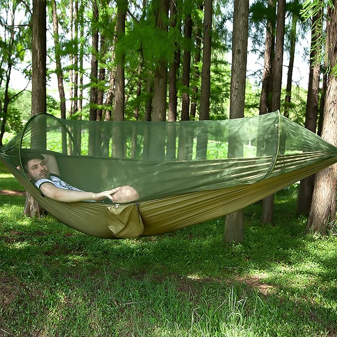 LFL Camping Hammock with Mosquito Net, Hammocks with 13ft Tree Straps Carabiners, Automatic Quick Open Outdoor Portable Hammock with Net, Nylon Parachute Material Outside Hiking Gear (Green)