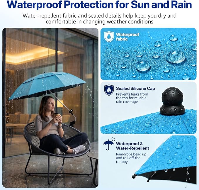 2 Pack 42 Inch Double Canopy Beach Chair Umbrella with Clamp, UPF50+ Clip on Beach Umbrella with 360° Swiwel Arm & Adjustable Clip, Portable Sun Shade for Wheelchair, Stroller, Camping